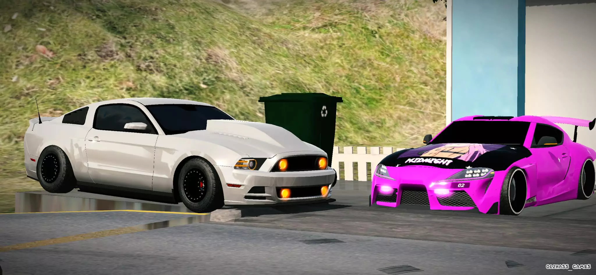Two cars white and pink parked on the road in car parking multiplayer mod APK old versions